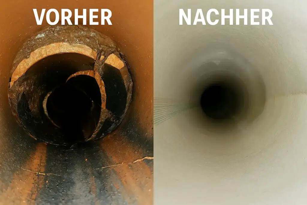Vorher-Nachher Vergleich einer Kanalsanierung in Rüsselsheim an einer Abwasserleitung